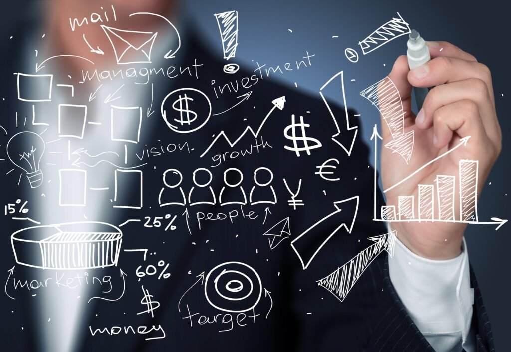 businessman analytics symbols background