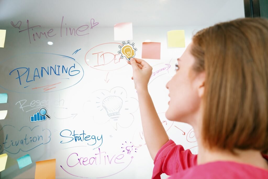 businesswoman puts sticker glass board