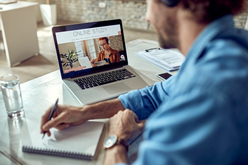 closeup freelancer learning online while