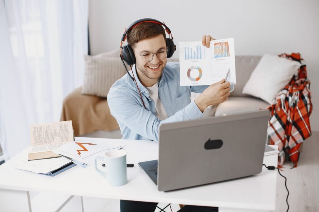 man sitting living room home guy enjoying studying